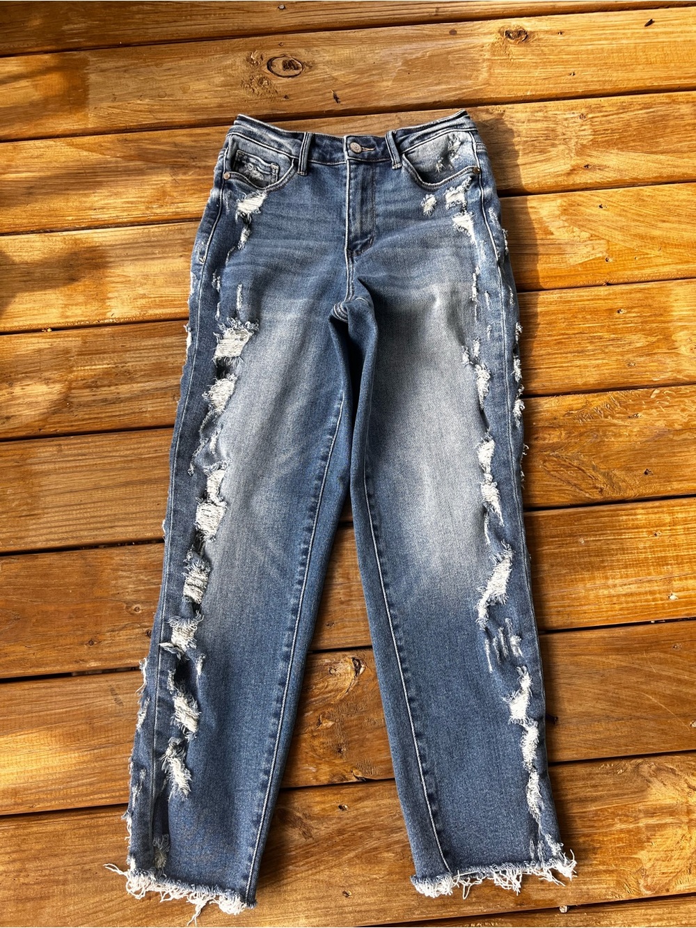 Judy Blue High Rise Distressed Straight Leg Jeans Raw Hem Medium Wash Size 1/25